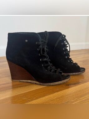 Ugg Black Suede Lace-Up Wedge Booties 💯 leather upper and 💯 leather liner